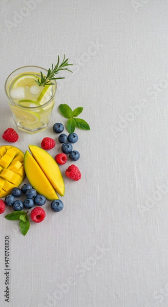 Obraz A minimal table setup with summer fruits, iced lemonade, and fresh herbs on one side, leaving clean space on the right for text or design overlay.