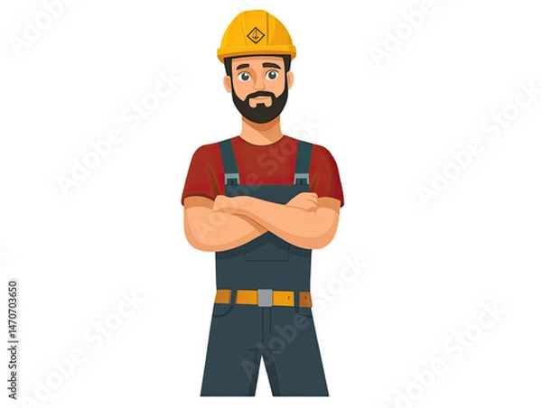 Fototapeta A person wearing work clothes and a hard hat with arms crossed on a transparent background.
