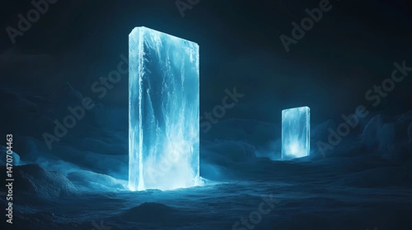 Fototapeta Standing in a frozen night landscape, a luminous ice monolith captures attention. ancient glowing monoliths. illustration. [Frozen Monoliths] | Permafrost Pillars | sealed silence. Illustration