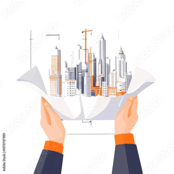 Fototapeta Illustration of hands holding architectural blueprints featuring skyscrapers and construction cranes with transparent background.