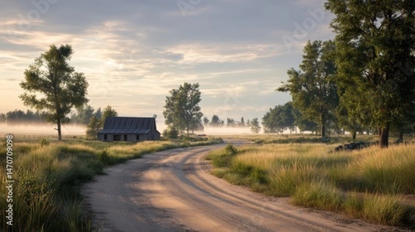 Fototapeta Country road leading to a barn in a field with fog and trees under a cloudy sky at dusk or dawn light