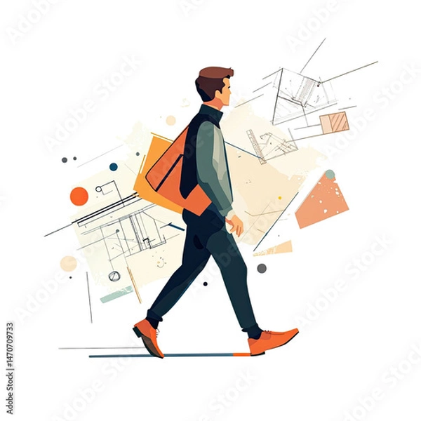 Fototapeta Illustration Of A Man Walking With Bag And Architectural Blueprints On A Black Background In A Vector Style