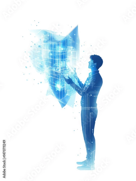 Fototapeta Silhouette of a person interacting with a glowing digital map illustration transparent background. The map and the person are rendered in shades of blue.