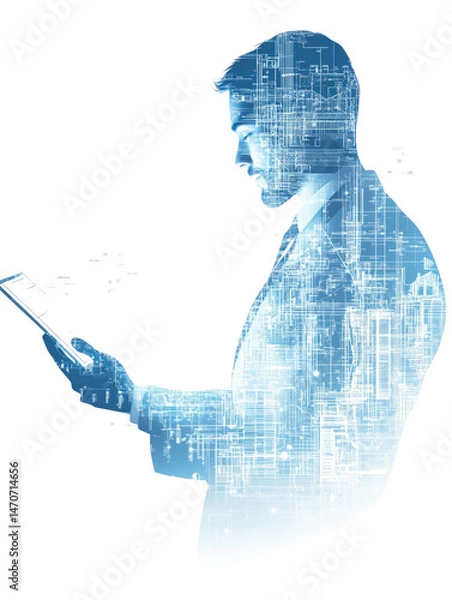 Obraz Silhouette of a person in a white shirt, holding a digital tablet with a transparent background. The image incorporates circuit board patterns and a futuristic, tech-oriented visual style.
