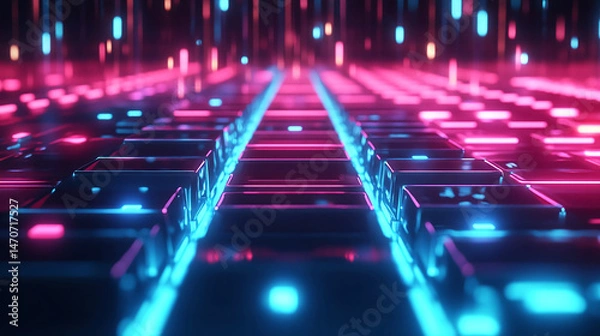 Obraz Abstract neon cyber landscape with glowing cubes and vertical light streaks in pink and blue tones