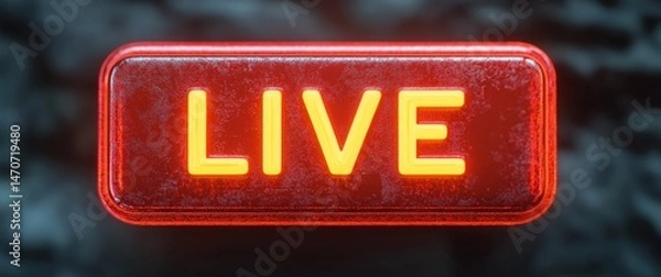 Fototapeta glowing neon sign with the word live illuminated in warm yellow on a red rectangular background with a dark blurred backdrop