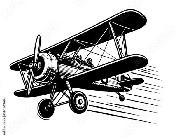 Obraz A black and white drawing of a propeller plane flying through the air. The plane is depicted as being in motion, with its wings spread wide and its propellers spinning rapidly