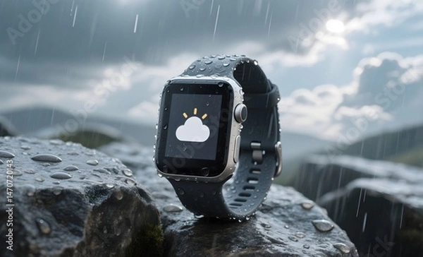 Obraz Weather-Resistant Fitness Tracker Displaying Weather Icon on Wet Rock During Rainfall Against Dramatic Stormy Sky