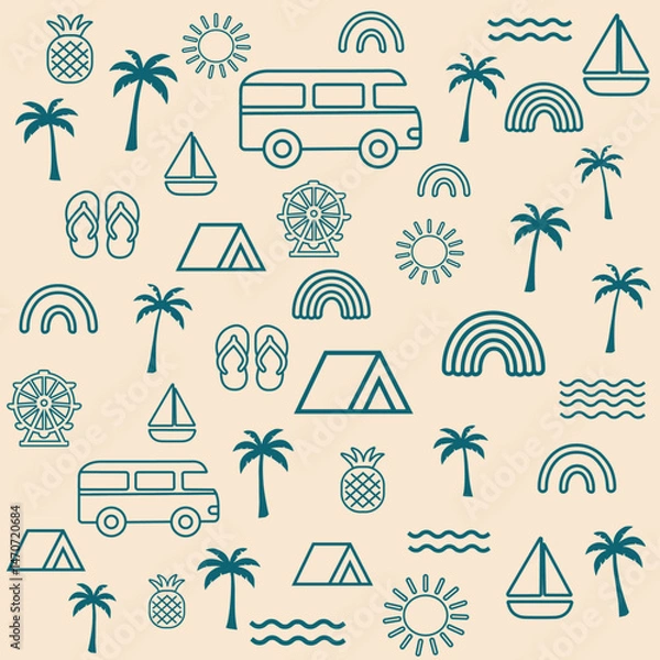 Obraz Cool, Retro Road‑Trip Summer Themed Seamless Pattern with Outline Vector Icon Seamless Repeating Background