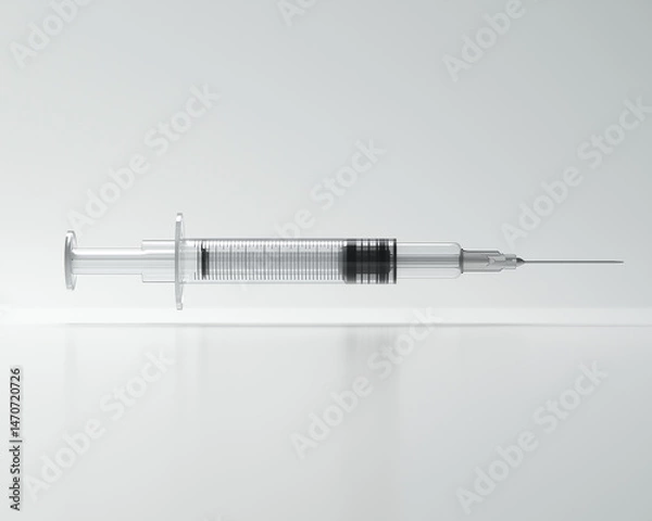 Fototapeta Minimalist transparent syringe with black plunger on white background
