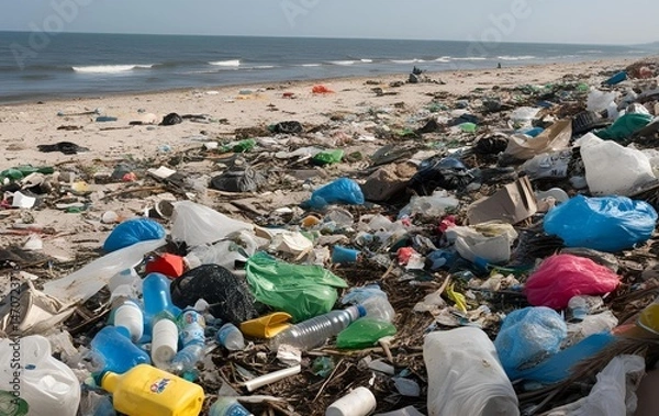 Fototapeta Garbage on the beach, View of a polluted beach, Trash and plastics, Beach Pollution
