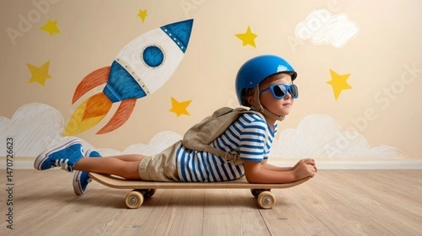 Obraz Young Boy in Helmet Riding Skateboard with Rocket Wall Art