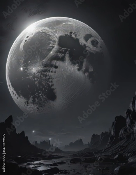 Fototapeta Giant full moon dominates inky black sky, unsettling shadows ,  halloween,  darkness
