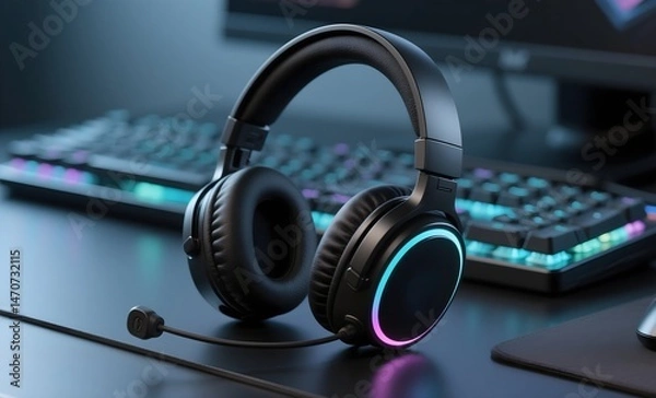 Obraz Modern RGB Gaming Headphones with Glowing Blue and Pink Lighting on Dark Gaming Desk with Illuminated Keyboard