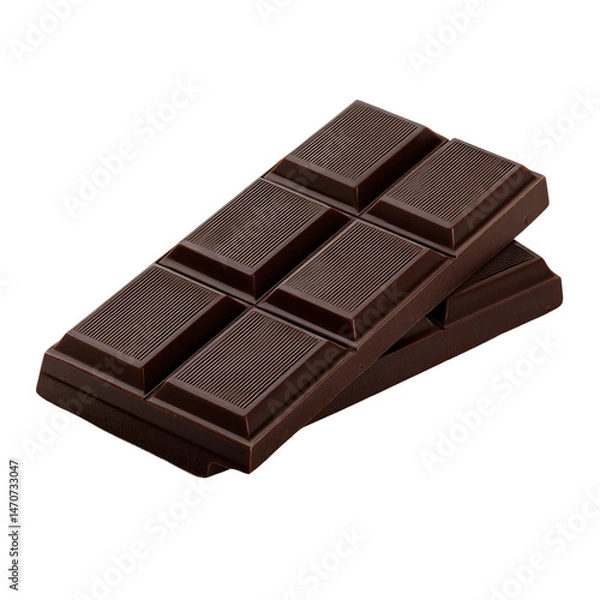 Fototapeta Close-up of a dark chocolate bar, with a focus on its rich color and textured surface. Two blocks of chocolate are stacked at a slight angle, creating depth
