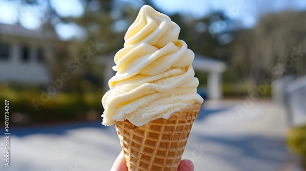 Obraz A close up shot of a vanilla ice cream cone held outdoors with a blurred background on a sunny day