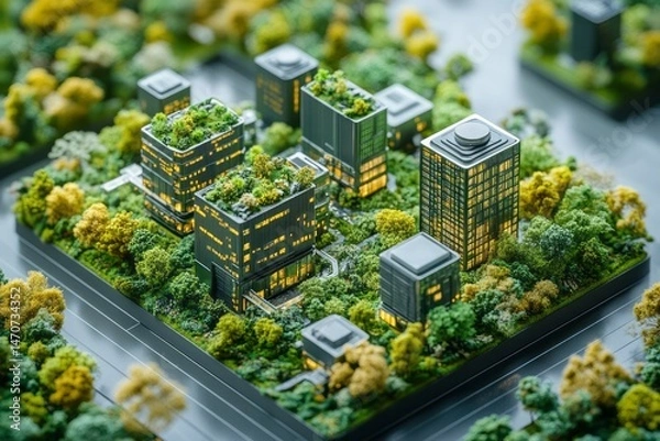 Fototapeta Urban green spaces on miniature city blocks.