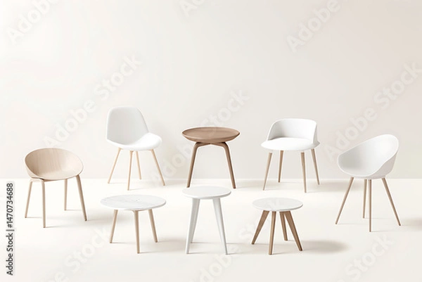 Fototapeta furniture product catalog, basic drawings of various types of portable tables, arranged and presented like a catalog