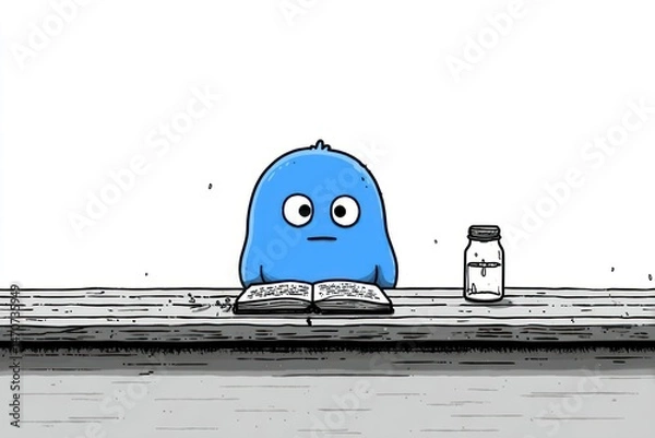 Fototapeta A blue creature reading a book at a wooden table with a jar nearby perfect for whimsical and e
