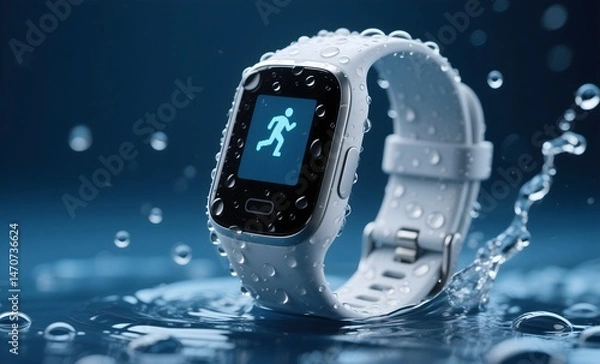 Obraz Water-Resistant Fitness Tracker with Running Icon Display Surrounded by Dynamic Water Splashes on Dark Blue Background