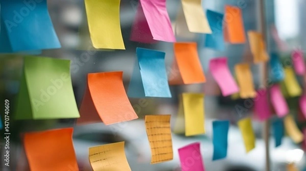 Obraz Colorful sticky notes on glass wall background office it pink blue work memo post paper green ideas