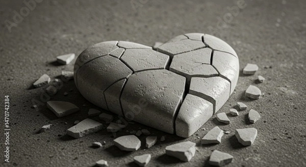 Fototapeta A close-up artistic image of a cracked white stone heart lying broken on a textured surface — fragments scattered as a symbolic still life. The composition should evoke emotions of fragile love, emoti