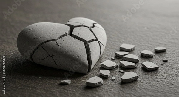 Fototapeta A close-up artistic image of a cracked white stone heart lying broken on a textured surface — fragments scattered as a symbolic still life. The composition should evoke emotions of fragile love, emoti