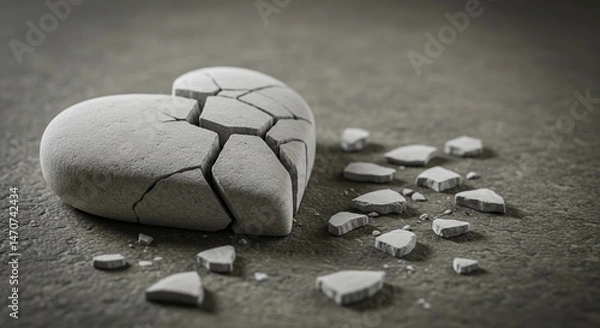 Fototapeta A close-up artistic image of a cracked white stone heart lying broken on a textured surface — fragments scattered as a symbolic still life. The composition should evoke emotions of fragile love, emoti