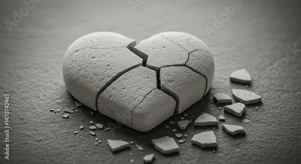 Fototapeta A close-up artistic image of a cracked white stone heart lying broken on a textured surface — fragments scattered as a symbolic still life. The composition should evoke emotions of fragile love, emoti