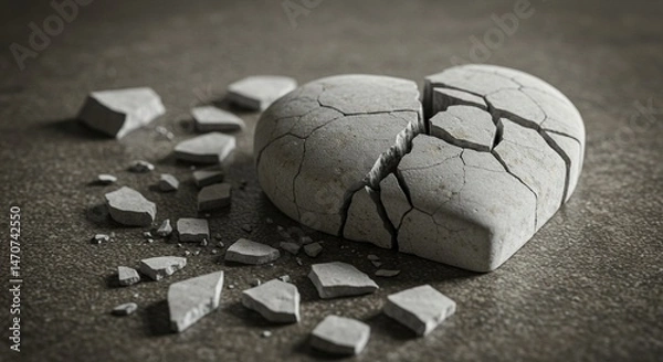 Fototapeta A close-up artistic image of a cracked white stone heart lying broken on a textured surface — fragments scattered as a symbolic still life. The composition should evoke emotions of fragile love, emoti