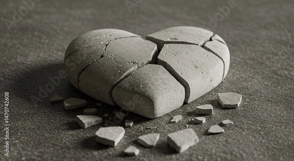Fototapeta A close-up artistic image of a cracked white stone heart lying broken on a textured surface — fragments scattered as a symbolic still life. The composition should evoke emotions of fragile love, emoti