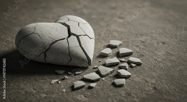 Fototapeta A close-up artistic image of a cracked white stone heart lying broken on a textured surface — fragments scattered as a symbolic still life. The composition should evoke emotions of fragile love, emoti