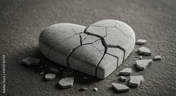 Fototapeta A close-up artistic image of a cracked white stone heart lying broken on a textured surface — fragments scattered as a symbolic still life. The composition should evoke emotions of fragile love, emoti