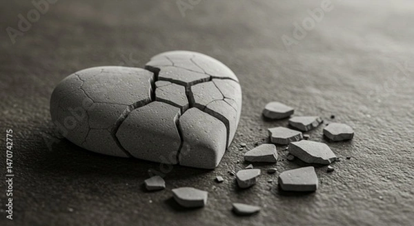 Fototapeta A close-up artistic image of a cracked white stone heart lying broken on a textured surface — fragments scattered as a symbolic still life. The composition should evoke emotions of fragile love, emoti