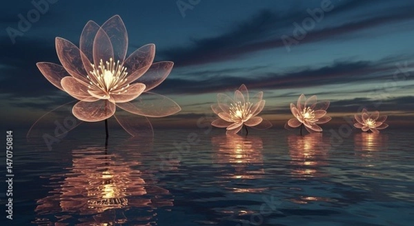 Fototapeta A surreal artistic landscape where giant translucent flowers bloom under a twilight sky, their petals glowing softly with inner light. The ground is covered in reflective water, mirroring the sky and