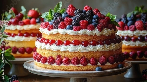 Fototapeta Delicious three-layer sponge cake decorated with fresh raspberries, blueberries, blackberries, red currants, whipped cream, and mint leaves on a wooden cake stand