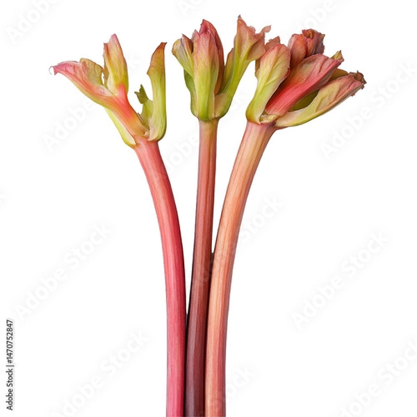 Obraz Fresh rhubarb stalks arranged on a transparent background, showcasing their vibrant colors and textures, Rhubarb stalks on transparent background