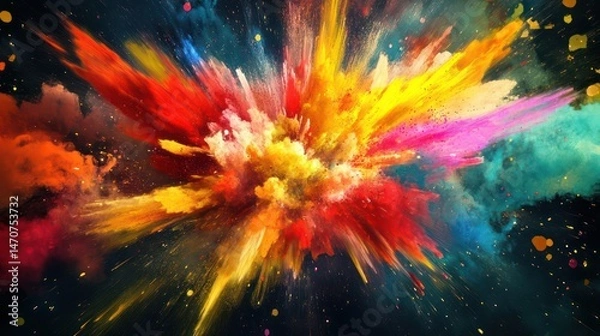 Fototapeta Colorful powder explosion in vibrant hues.  A dynamic burst of color radiates outward against a dark backdrop, creating a spectacular visual display.  Particles of various shades of red, orange, yello