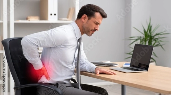 Fototapeta Man in office with lower back pain, highlighted in red, sitting at desk with laptop.