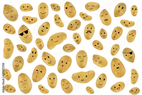 Fototapeta Potatoes pattern with cartoon face isolated on white background