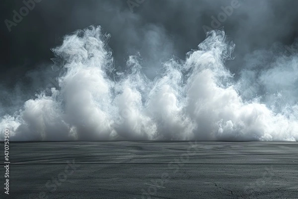 Fototapeta Empty paved surface with dramatic smoky cloudscape.