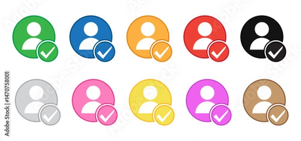 Fototapeta Verified user icons. Profile with check mark symbol indicating verification, confirmation, or selection. 