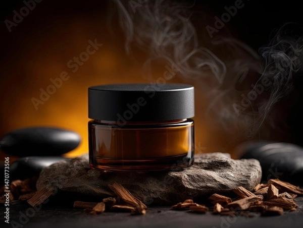 Fototapeta Dark amber balm jar with matte black lid surrounded by guaiac wood chips, black stones, and warm incense smoke  