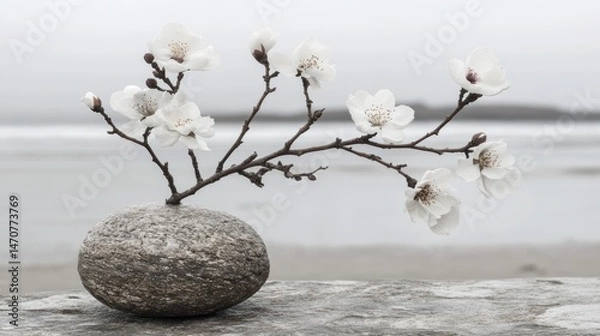 Fototapeta Tranquil spring blossom on a weathered stone