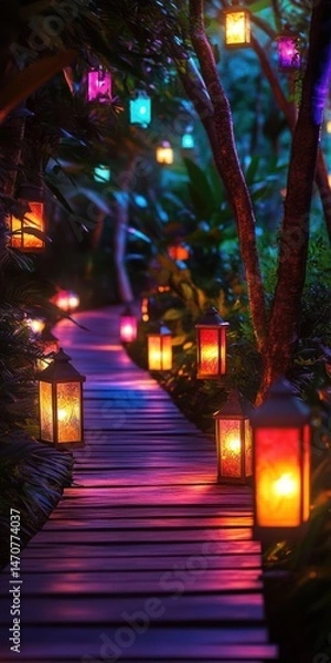Fototapeta Enchanting Night Path Lit by Colorful Lanterns
