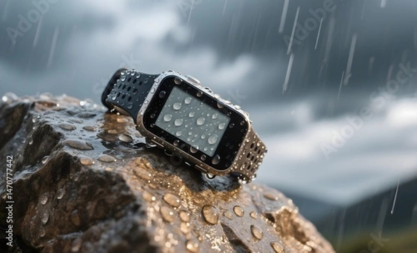 Obraz Weather-Resistant Fitness Tracker Displaying Water Droplets on Rocky Surface During Outdoor Rainy Adventure