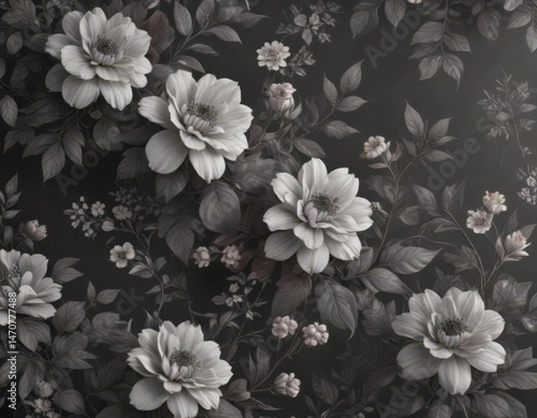 Fototapeta Subtle charcoal floral wallpaper; delicate blooms and vintage foliage pattern , bloom, graphics