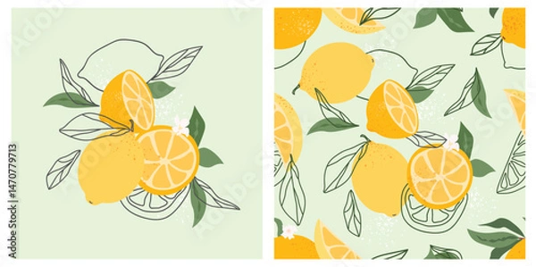 Obraz Yellow lemons tropical seamless pattern. Fruit summer background. Vector bright abstract print for paper, cover, fabric.