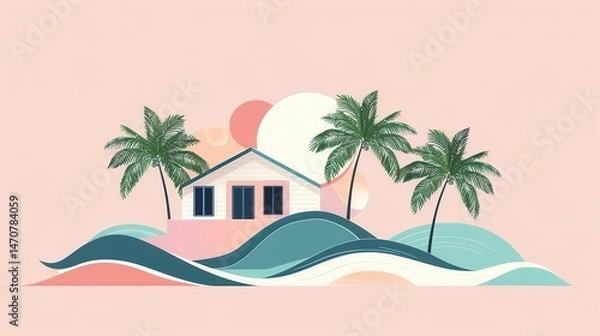 Fototapeta Minimal beach house design flat style isolated with geometric waves simple palms and pastel suns.