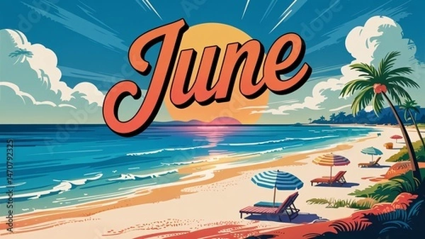 Obraz A Beach Sunset With Tropical Charm And Vibrant Typography To Promote June